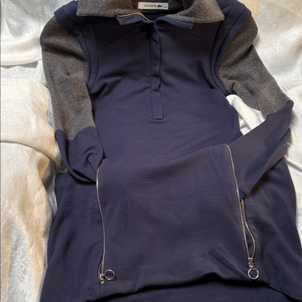LACOSTE Navy dress Gray woolly accents. Long sleeve zippered hand warming pouch.